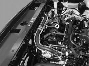 Отсоедините верхний шланг (A) радиатора Hyundai Santa Fe с 2018
