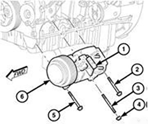 Придерживая компрессор кондиционера, отвернуть его оставшиеся болты, гайку (4) и шпильку (3) крепления