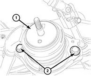 Отвернуть болты крепления (2) и затем снять левую опору двигателя (1)