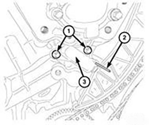 Отвернуть болты крепления (1) и затем снятьнатяжитель (3) левой цепи привода газораспределительного механизма