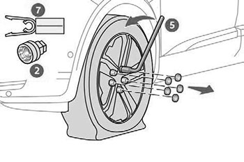 Для снятия колпаков болтов колеса используйте специальный инструмент (7) (алюминиевые колеса) Peugeot 3008